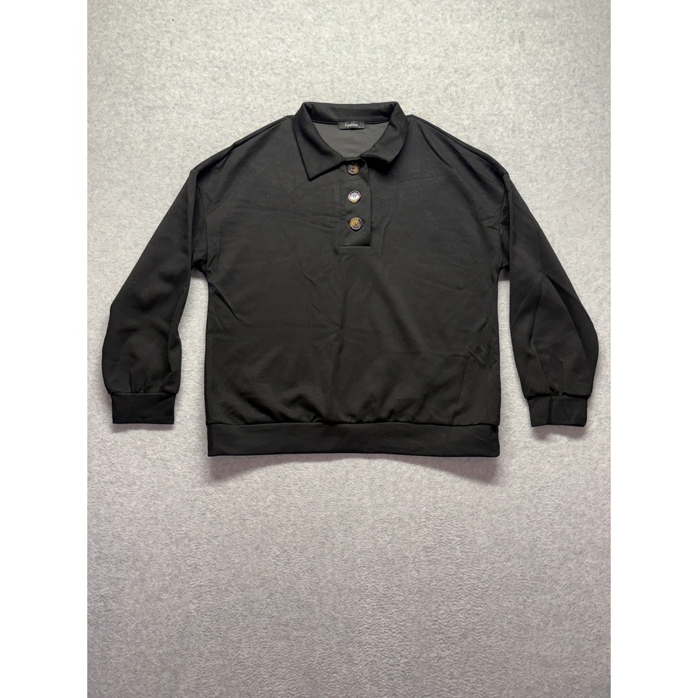 Fashion Mens Black Long Sleeve Polo Sweatshirt Collared Pullover 7089-1 Large